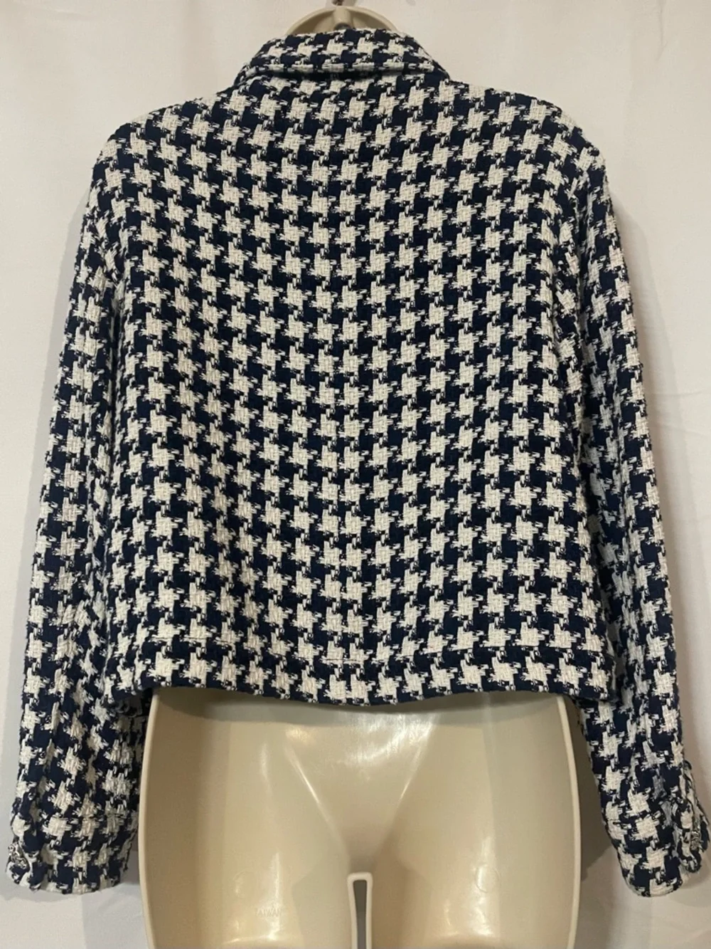 ZARA Houndstooth White/Blue Cropped Jewel Button Jacket\Blazer - Picture 4 of 9